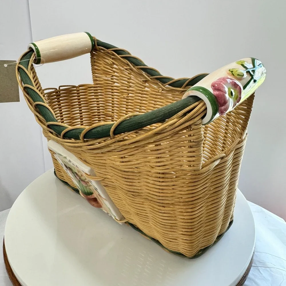 Vintage 80s Cottagecore Wicker Basket with Ceramic Floral Relief Tile and Handle